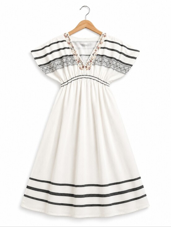 Zara Dresses & Skirts - Zara 100% Cotton White Dress with Black Stripes and Embroidered Accents